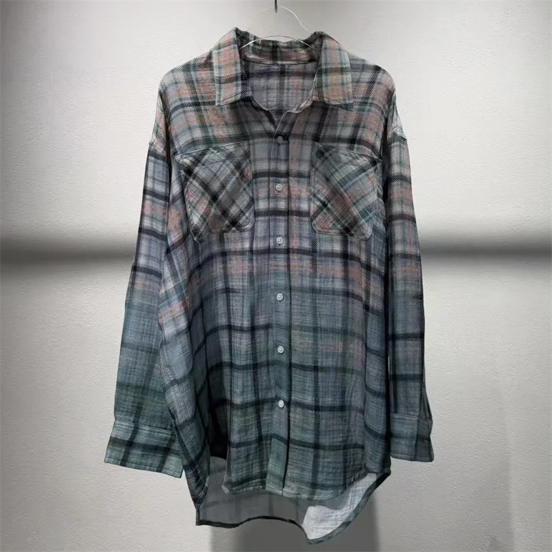 women's shirt New autumn 2026 single breasted lapel women's long sleeved top pure cotton plaid women's blouse y2k gradient tops