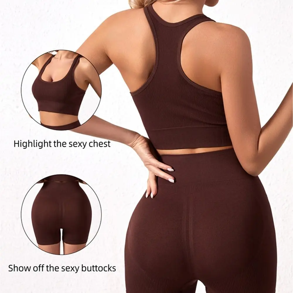 

Комплект из 2 предметов: бесшовный спортивный костюм с ребристой тканью, укороченный топ и шорты с высокой талией, комплект для йоги с круглым вырезом и без рукавов для женщин