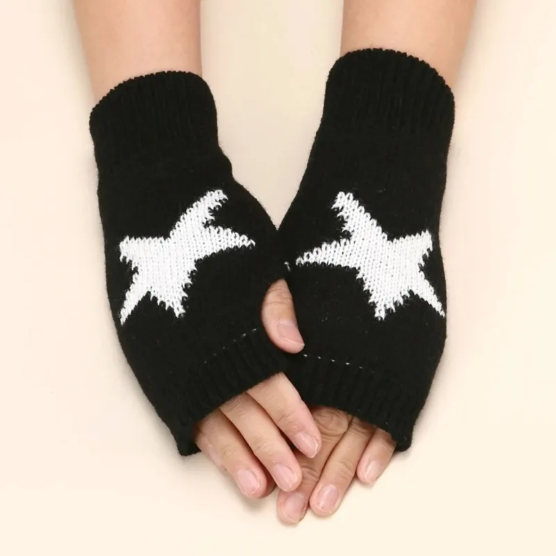 

2024 Punk Y2K Knitted Woolen Gloves for Men Women Pentagram Half Finger Warm Soft Mittens Soft Star Hand Fingerless Gloves