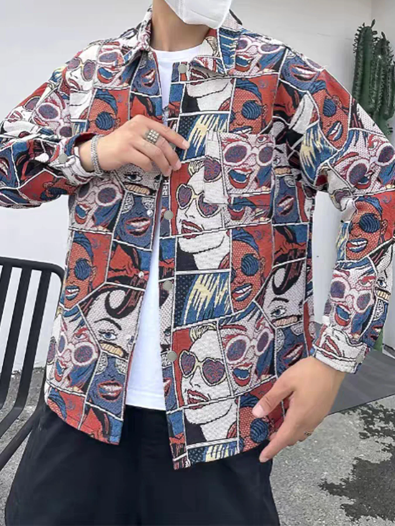 

Весенне-осенняя трендовая мужская жаккардовая рабочая куртка в уличном стиле, американский дизайн с винтажным забавным мультяшным аниме-пальто.