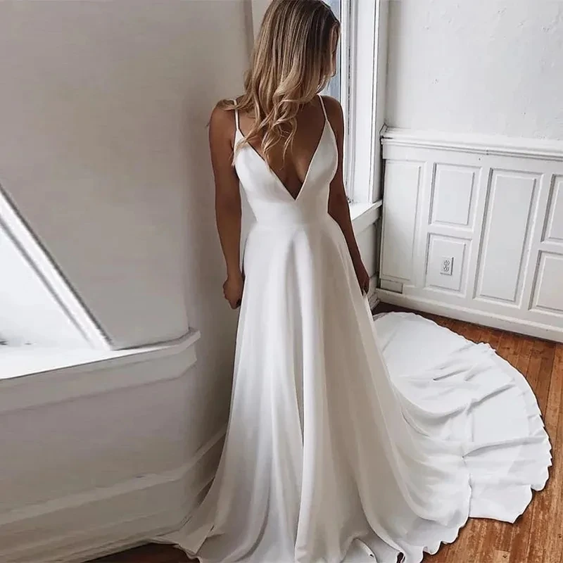 

Boho Wedding Dresses Sleeveless V Neck Backless Ball Gowns Sexy A Line Smooth Satin Floor Length Formal Beach Party Vestidos