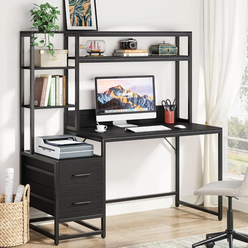 55 Inch Computer Desk with 2 Drawers and Storage Shelves, Rustic Office Desk with Hutch