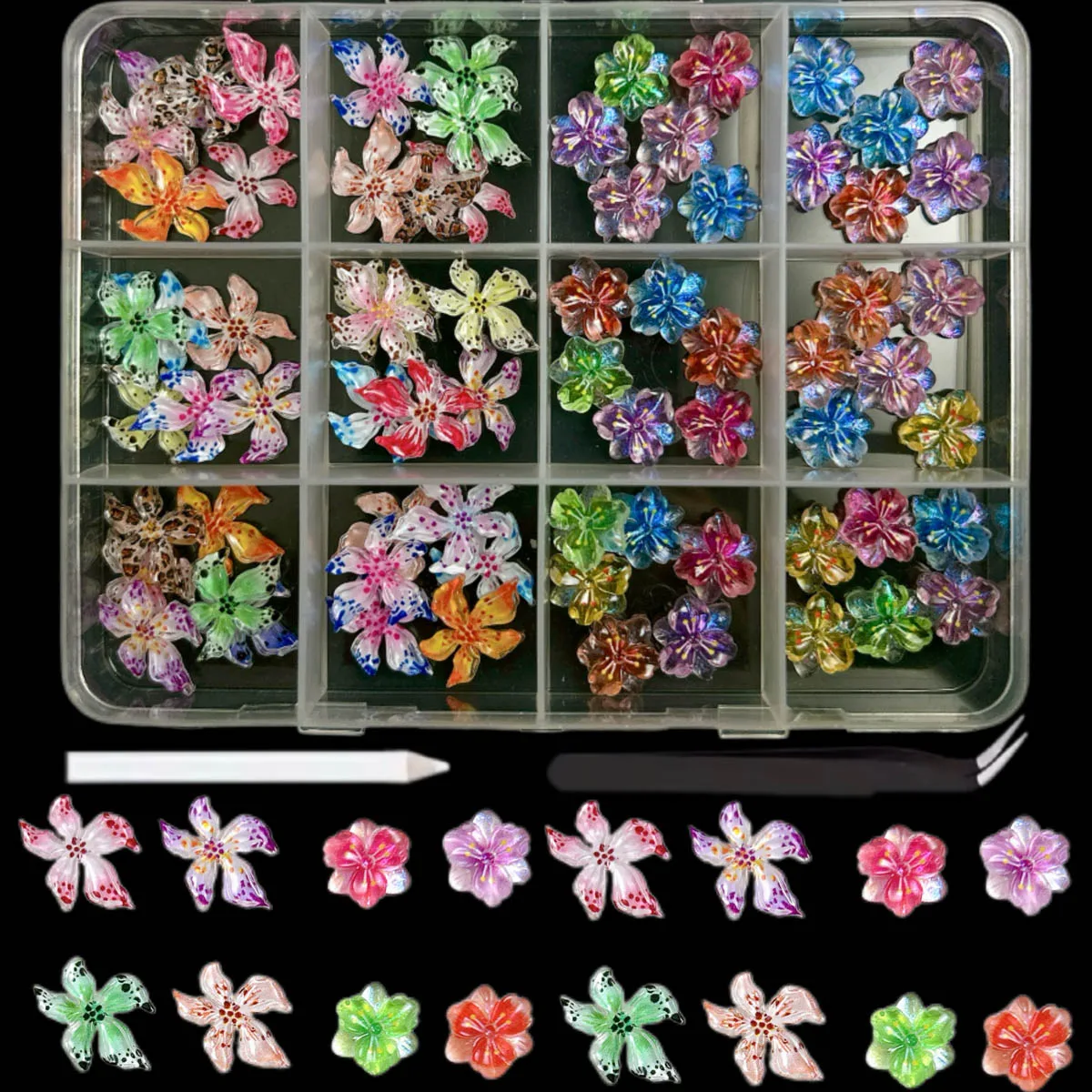 1 กล่อง ดอกไม้เรซิ่นสามกลีบหลากสี ประกายวิบวับ สำหรับตกแต่งเล็บ ขายดี ลายดอกไม้ประดับเล็บ DIY