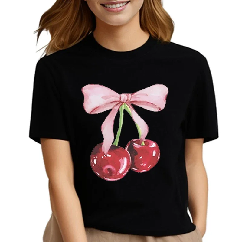 Cherry Bow Print Women\'s t shirt 2000s y2k T-Shirt for girl Cute summer Tee Shirt Short Sleeve Aesthetic Tops Female Clothes