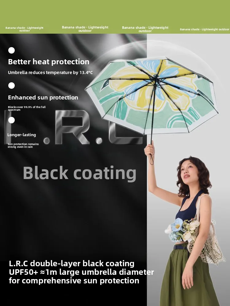 

Зонт от солнца и дождя с двойным слоем из листьев банана BM398, женский, с черным покрытием, защита от УФ-лучей, три слоя защиты от солнца.