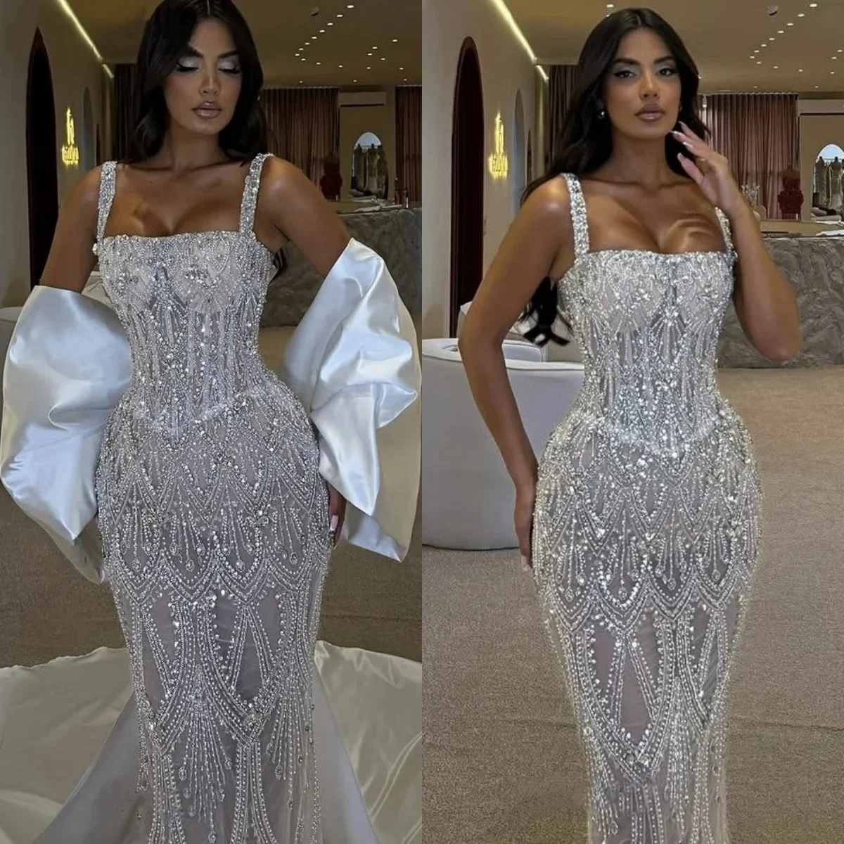 

Великолепные свадебные платья на тонких бретельках, свадебные платья с бисером и кристаллами, со съемным шлейфом, Русалка, индивидуальные платья Vestidos De Novia