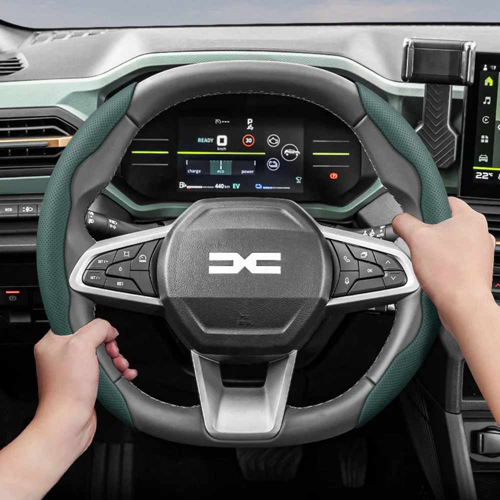 Funda de Volante de Cuero Transpirable para Dacia, con Diseño Segmentado de Liberación Rápida, Antideslizante y Duradera, para Sandero Stepway, Duster, Jogger, Bigster, Spring, Electric Cargo, Logan, Verde y Negro