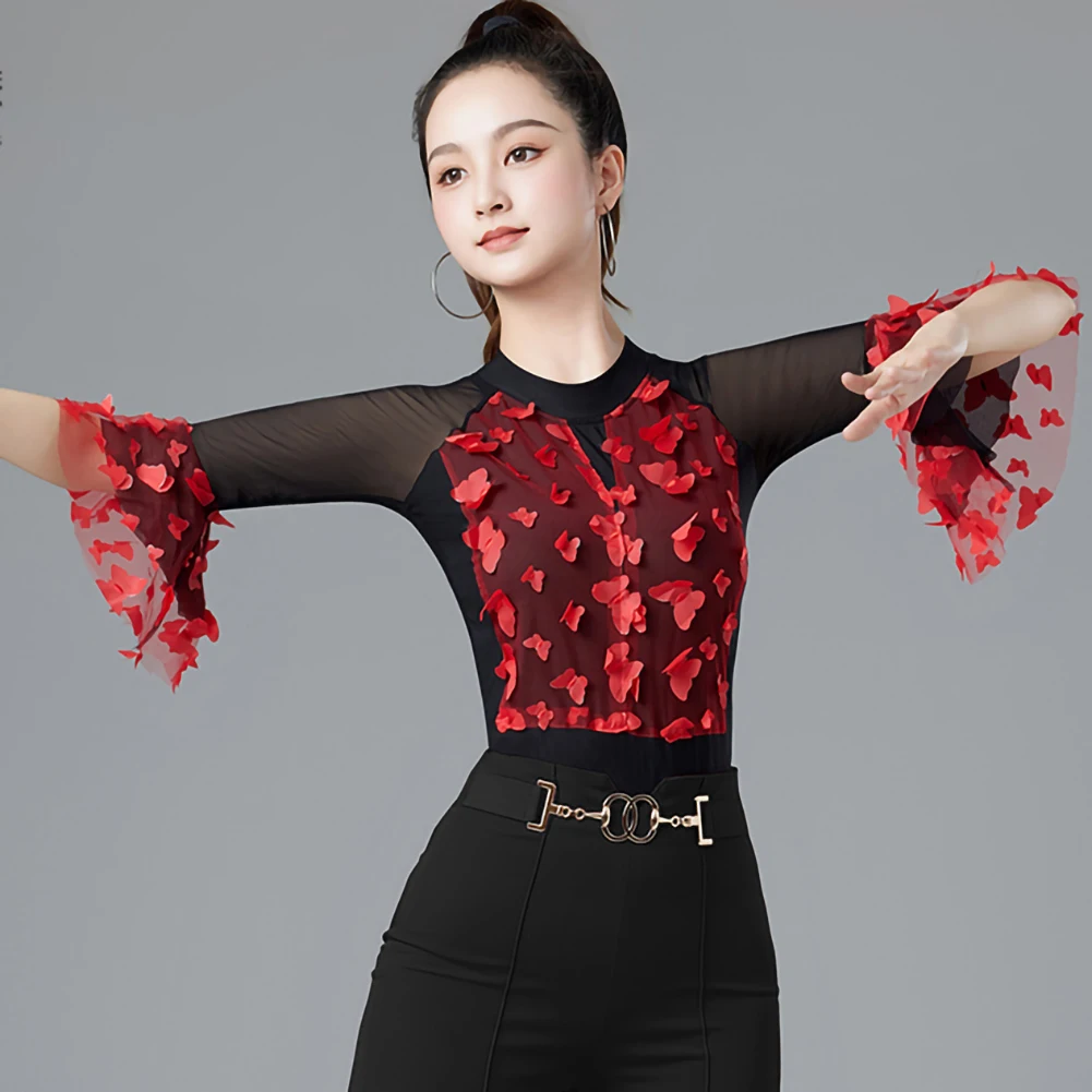 

Jumpsuit New Latin Dance Gauze Mid-Sleeve Top Women's Exquisite Samba High Neckline Purple Lady Red Practice Performance Top