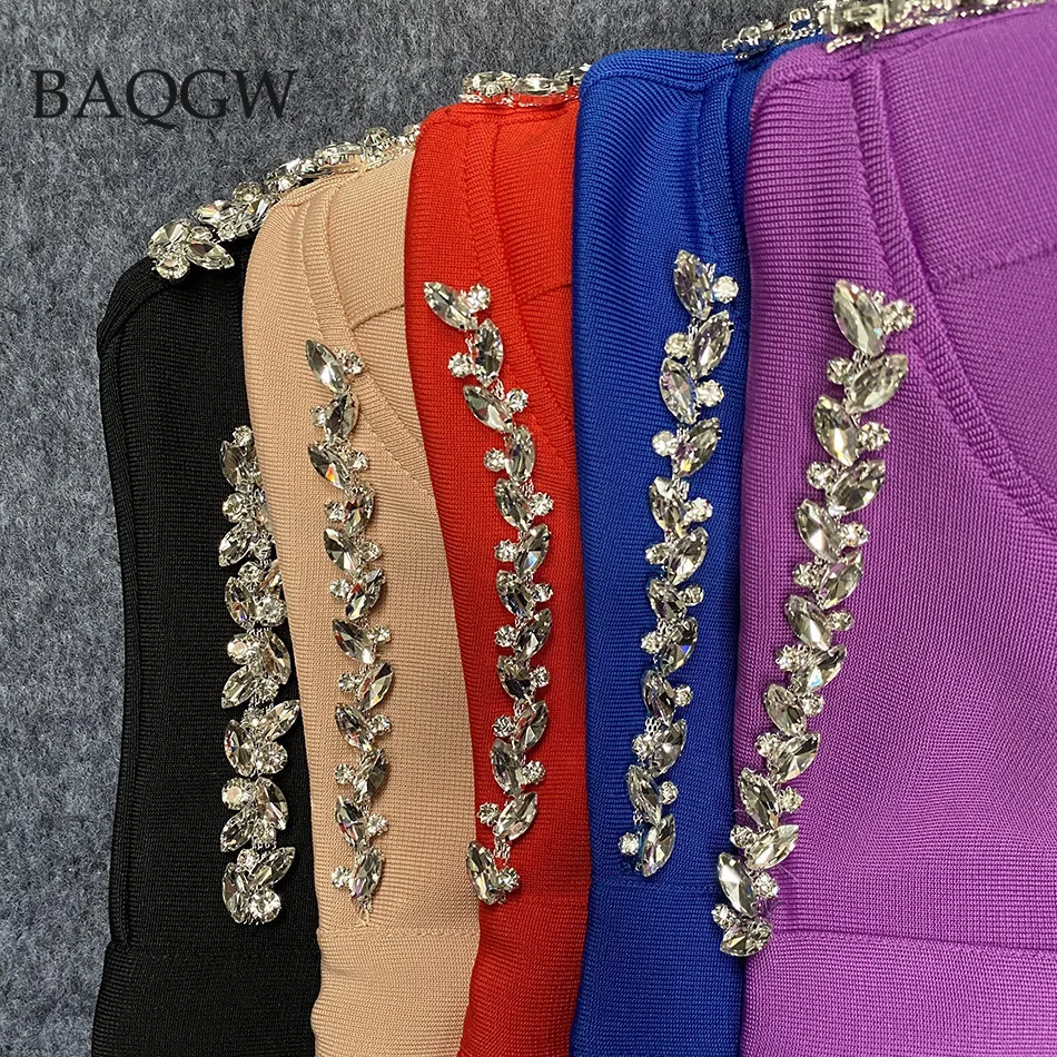 Women Dress Bandage Bodycon 6 Colors Strapless Elegant Beading Party Evening Club Luxury Midi Dresses Summer Autumn Clothes