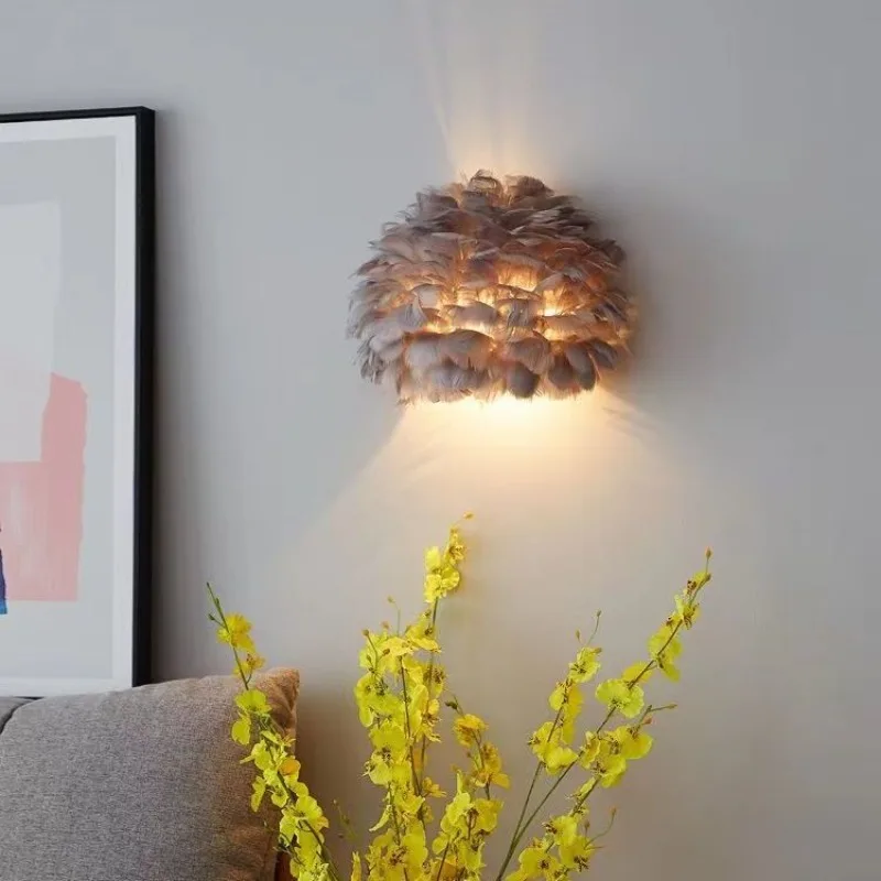 Nordic bedroom bedside feather wall lamp, modern simple ins girl princess room warm and romantic wall lamp