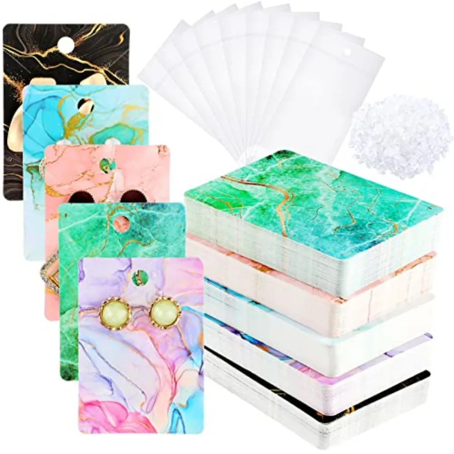 900 Pcs Earring Necklace Display Card Holder for Selling, 250 Pcs 5 Colors Jewelry Display Cards 150 Pcs Self Seal Bags and 500