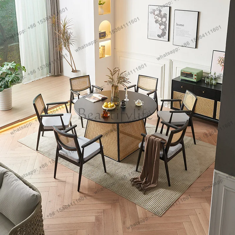 Wabi Sandy wind rattan solid wood dining table with turntable modern simple large round table customization