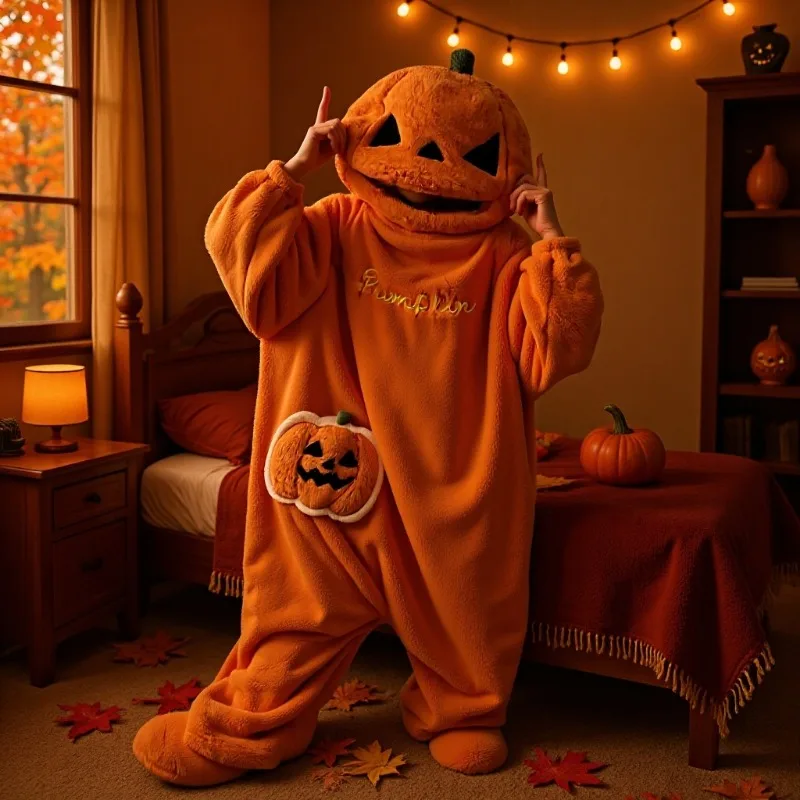 1PCS Pumpkin Pocket Cartoon Halloween Pajamas Soft Coral Fleece Autumn Winter Warm Funny Ladies One Piece Loungewear Costume