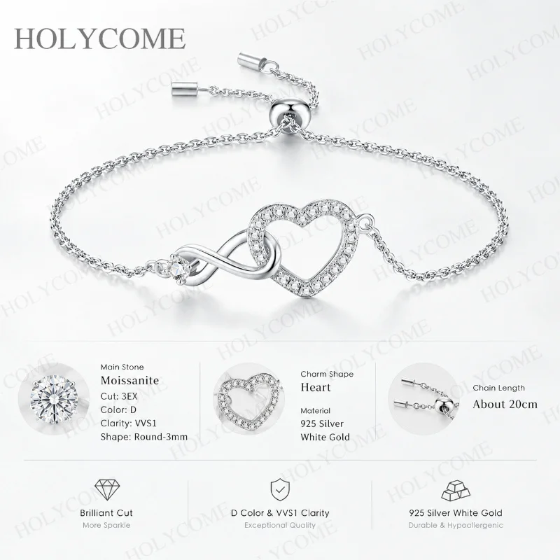 S925 Silber Herz-Armband Nischendesign Leichter Luxus mit Moissanit-Einlage Eleganter Damen-Handschmuck für Hochzeit und Party – Detail 6