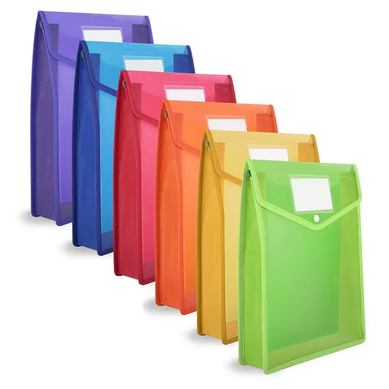 6Piece A4 Plastic Wallets Folders Popper Wallet Document Pockets Envelope File Folder With Button Closure Card Slot