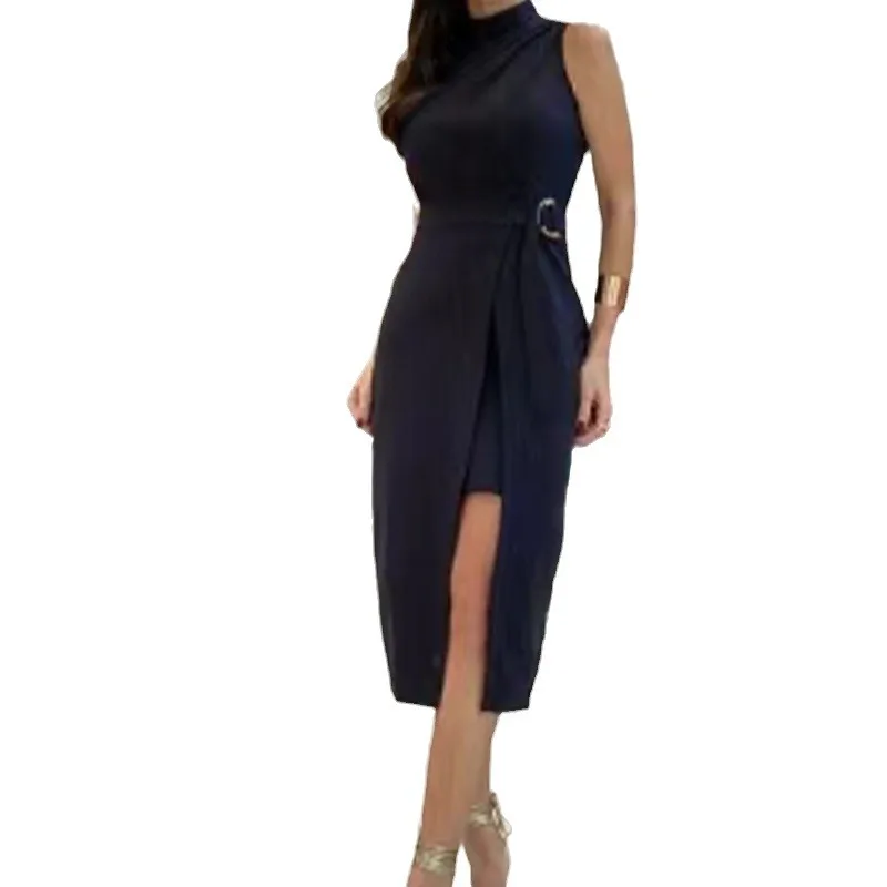 Dress Women Slim Fit Mid Length Dresses Sleeveless Tight High Waist Round Neck Splice Elegant Vestidos Office Ladies 2024