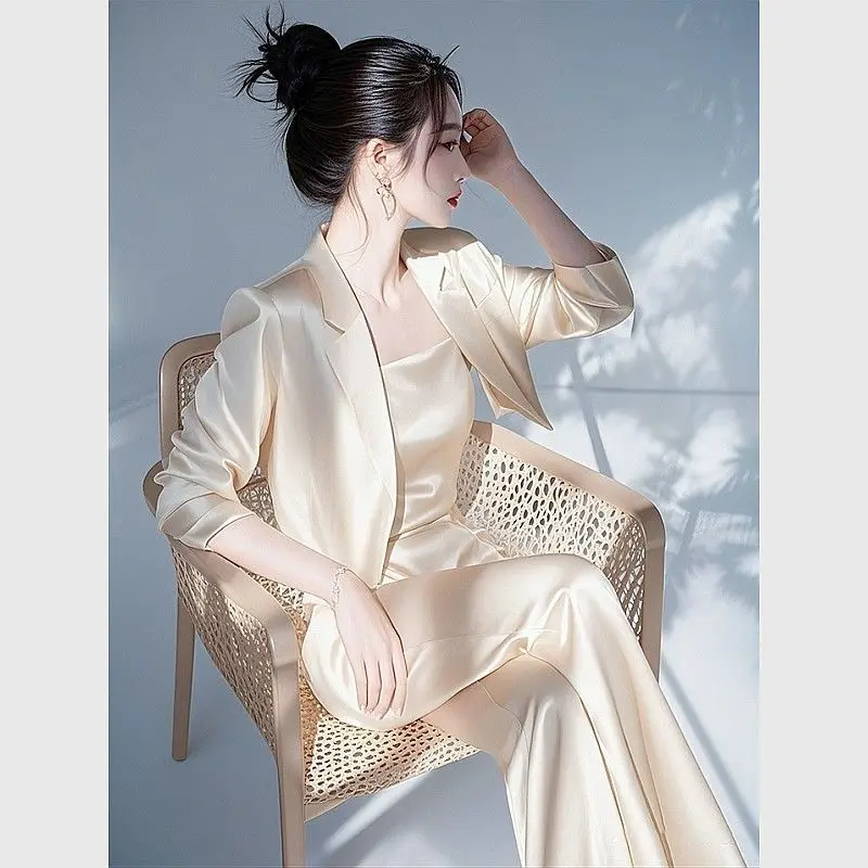 New Small Fragrance Satin Two Piece Set Women Elegant Lapel Jacket Coat + Spaggetti Strap Camisole Jumpsuit High End Suit