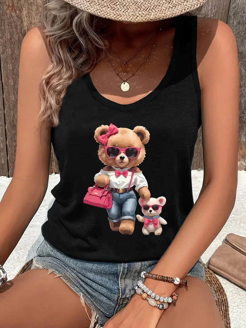 Harajuku Fashion Girls Bear Design Tshirt Vest T-shirt Graphic Print Tank Top Women’s Sleeveless Crew Neck