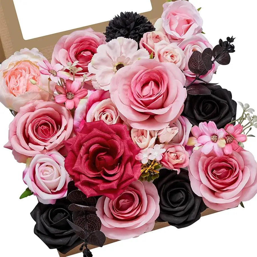 

2PCS Artificial Flowers Black Hot Pink Fake Silk Flowers for DIY Wedding Bouquets, Wedding Cake Flowers for Table Centerpieces B