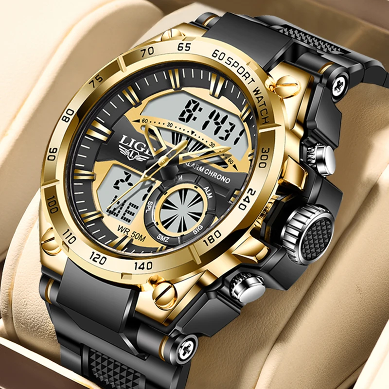 LIGE Business Analog Digital Quartz Men Watch Fashion Military Sport Waterproof Watches Men Top Brand Luxury Dual Display Watch