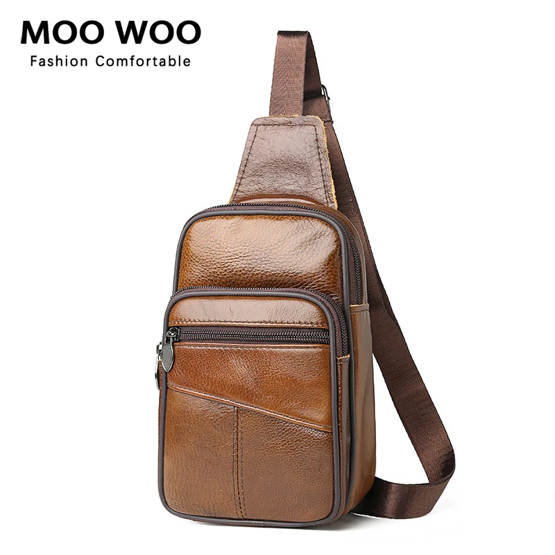 

MOOWOO Genuine Leather Men Chest Bag Belt Sling Chest Pack Crossbody Bags Male Business Messenger Shoulder Bag Gift For Husband