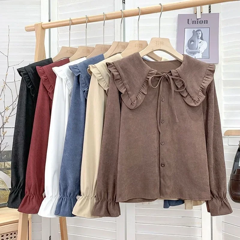 Camisa de pana de manga larga con cuello de muñeca Vintage francés para mujer, camiseta con capas de diseño de otoño, elegante y elegante