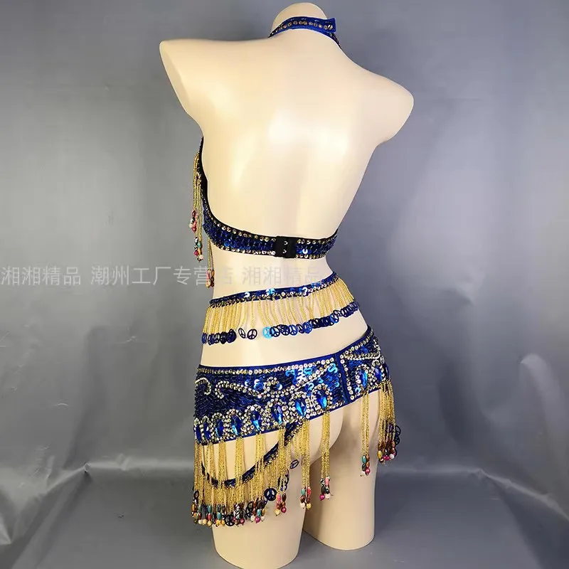 Women\'s Beaded Belly Dance Costume Top Bra+Belt 2pcs Set Bellydance Clothes Sexy Night Stage Dancewear Carnival Costume