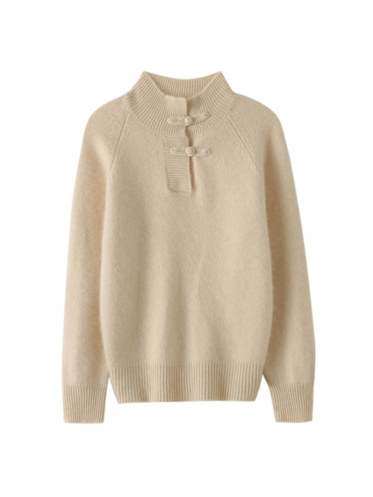 

Chinese Style buttoned Mockneck Sweater Women Autumn Winter Basic Pullover 100% Merino Wool Long Sleeves Cashmere Knitted Jumper