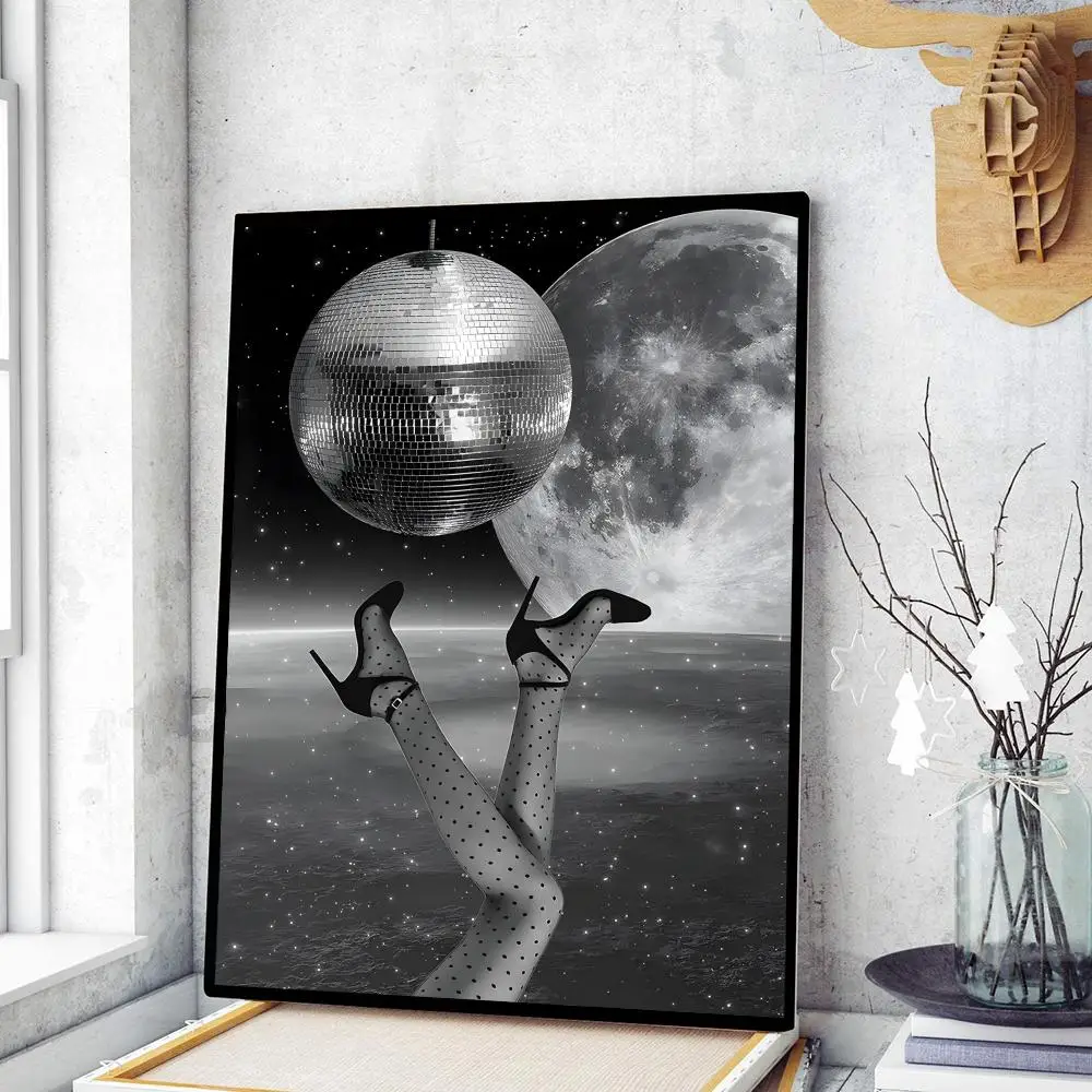 Disco Ball Dancefloor Party Print Self-adhesive Art Poster Fancy Wall Art Sticker for Living Room Bar DIY Vintage Decorative Art