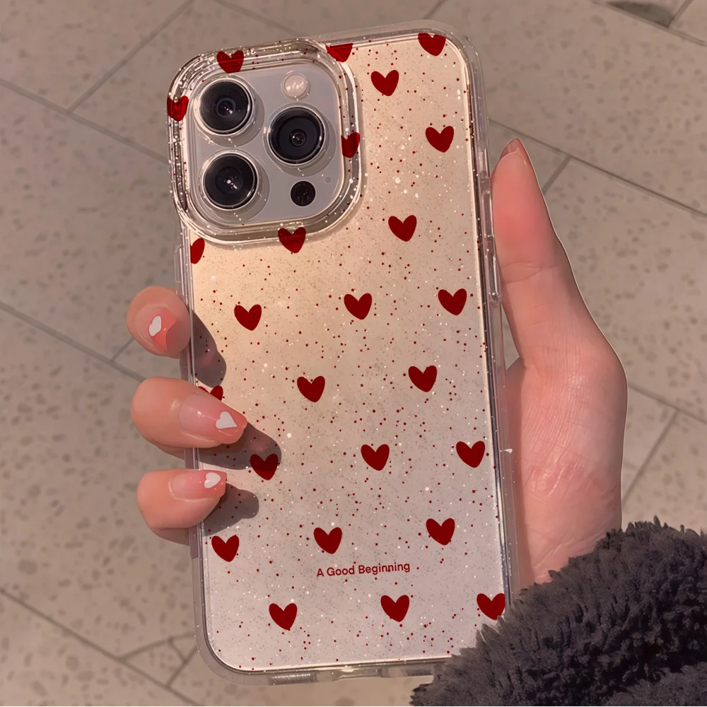 Pink Love Heart Clear Glitter Phone Case For iPhone 17 13 16 15 11 12 14 Pro Max 17 Air XR X 16e Case Soft TPU Shockproof Cover view 2