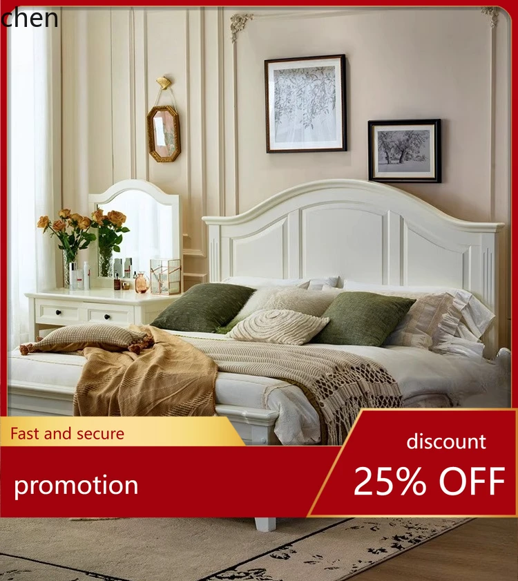 HT Solid Wood Bed Cream Style Modern Simple Princess Single Master Bedroom Double Bed Storage Bed