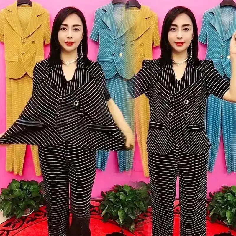 2022 Summer New Elegant Women\'s Pants Suit Stripe Casual Jacket Pants Two Piece Set Female Office Work Clothes Blazer Tracksuit