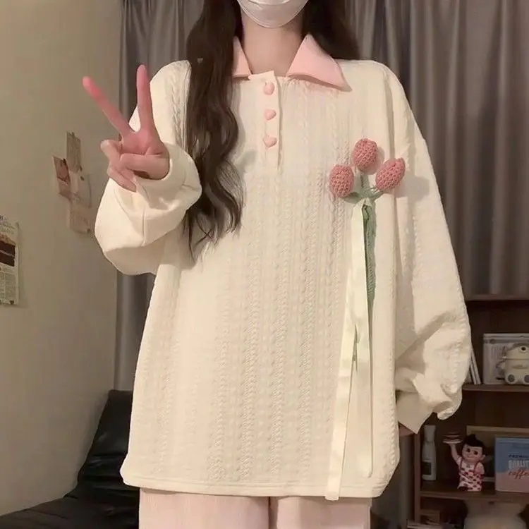 

Японская толстовка с капюшоном, новый осенне-зимний жаккардовый свитер-поло, женский свободный универсальный топ в студенческом стиле, бархатная куртка