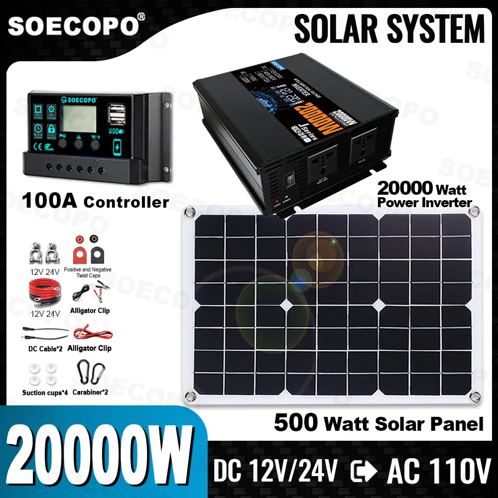 SOECOPO 20000W Peak Complete Off-Grid Solar System Kit, 500W Monocrystalline Solar Panel Rated + 1600W Power Inverter + 100A LCD Solar Controller DC 12V/24V To AC 110V Full Installation Accessories for Home Camping Fast Delivery of US Inventory