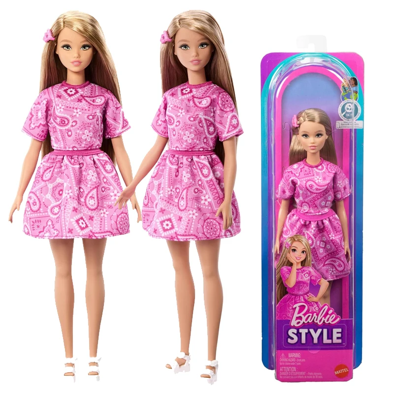 Boneca Barbie Fashionistas Original com Cabelo Loiro, Roupas Rosa Paisley, Camisa, Sandália Plataforma, Presilha de Cabelo, Acessórios para Vestir, Brinquedos e Presentes
