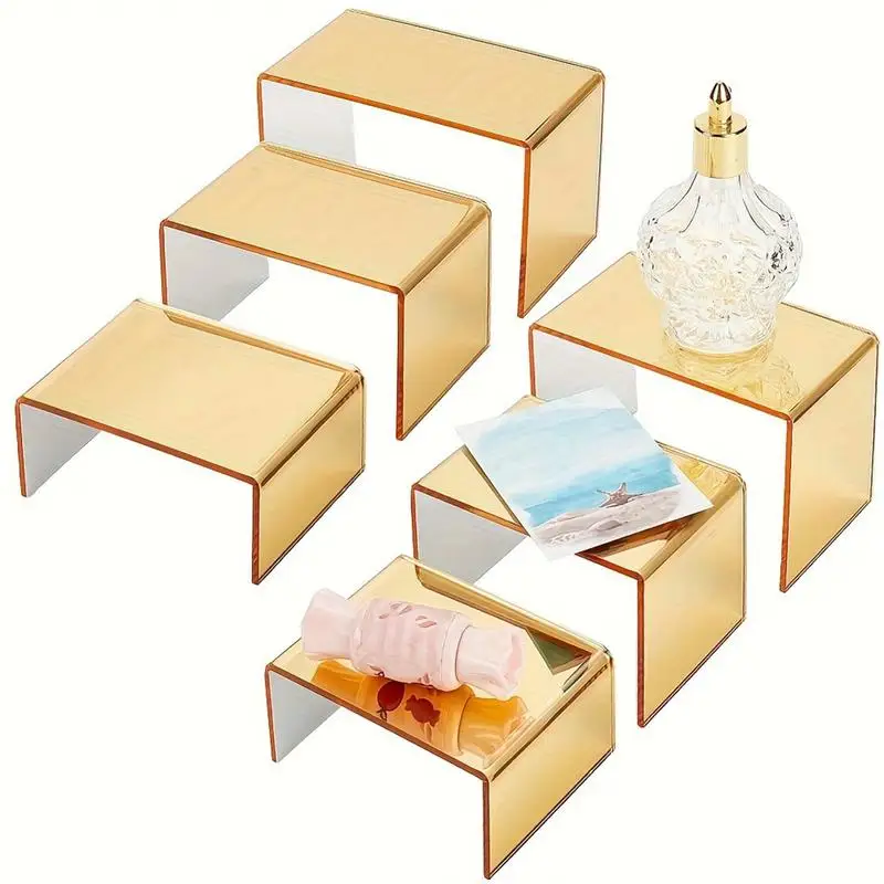 

Acrylic Display Risers Golden Acrylic Shelf Riser Collection Showcase Holder Three Sizes Counter Organizer For Dessert Cupcake