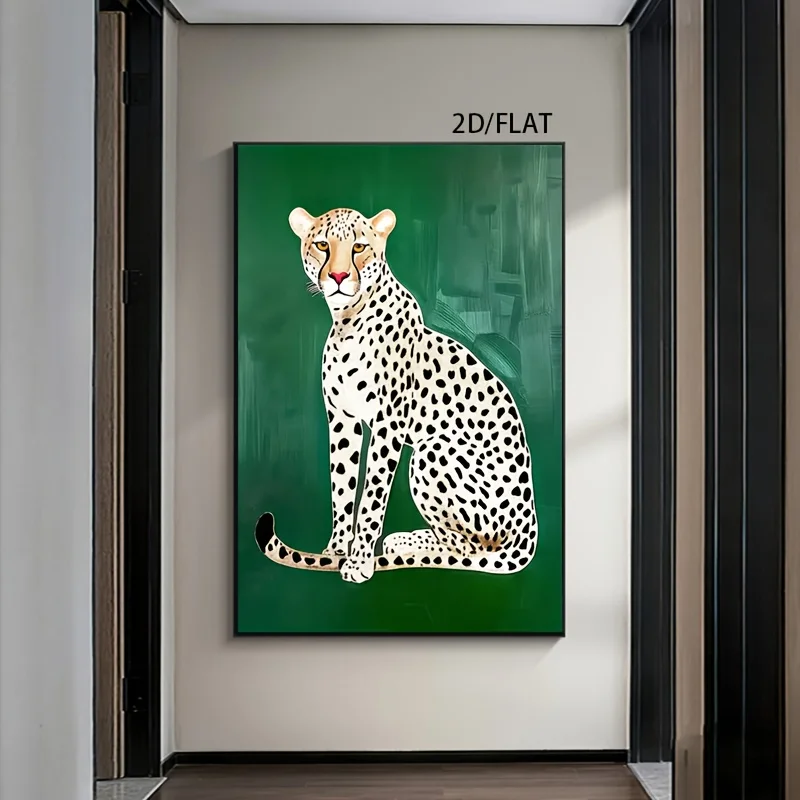 1pc Frameless Canvas Art Print - Spotted Leopard Sitting on Green Background, Large Size Wall Decor for Living Room, Bedroom