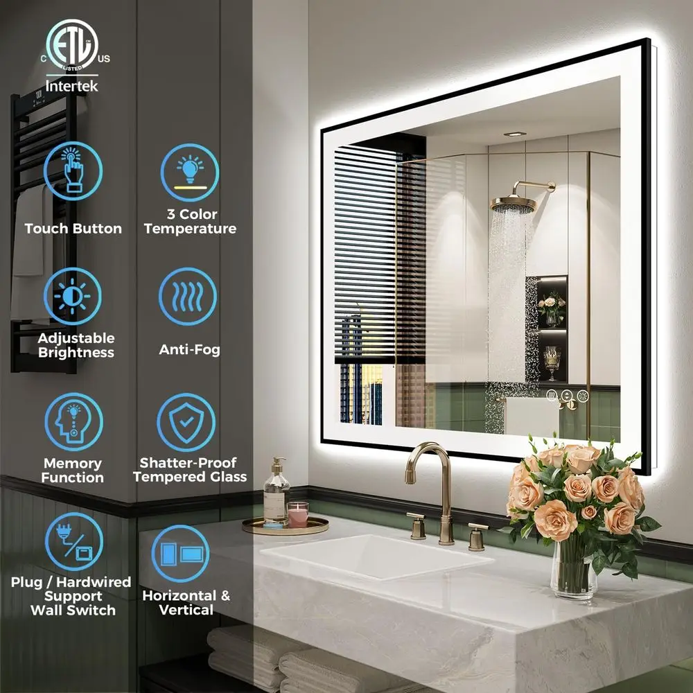 مرآة حمام مضيئة بإضاءة LED، 28 × 36، إطار أسود، قابلة للتعتيم، مضادة للضباب، زجاج مقسى، قابلة للتركيب على الحائط #2