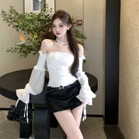 Solid Color Slim Fit Off Shoulder Sexy Women's Chiffon Shirt Sweet Flare Long Sleeved Chic Fashion New Lady Short Tops 8066 - Image 3