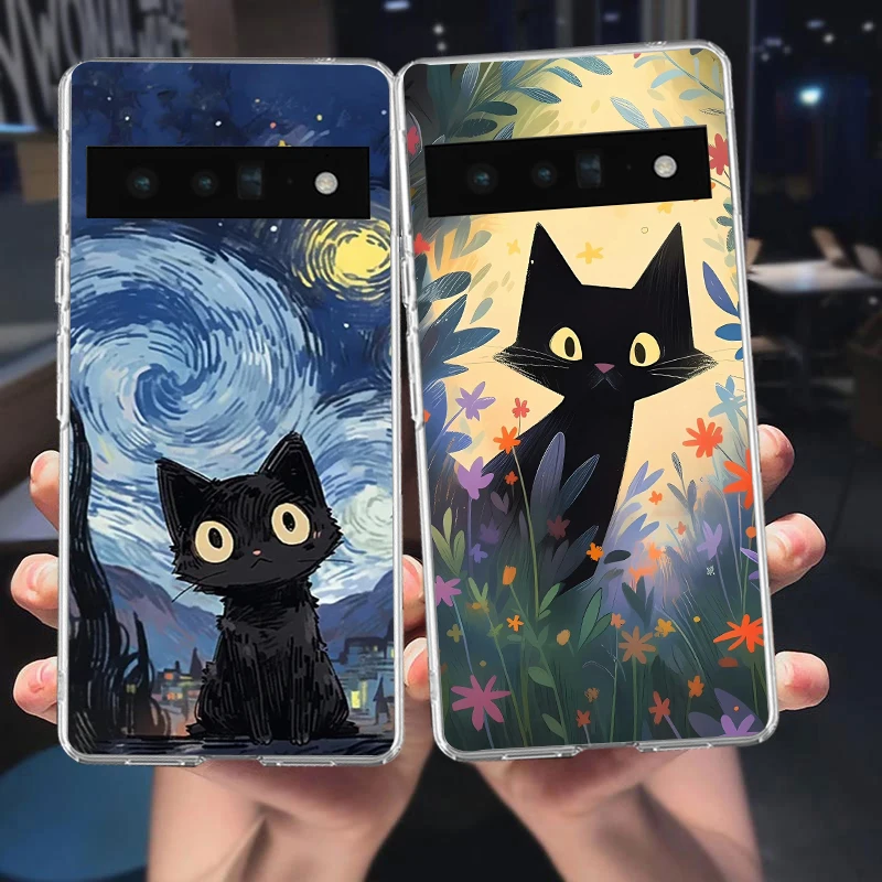 Retro Van Gogh Cat Oil Painting Clear Phone Case For Google Pixel 8 7A 7Pro 8 Pro 6A 6 6Pro 5G Starry Night Soft TPU Cover Shell