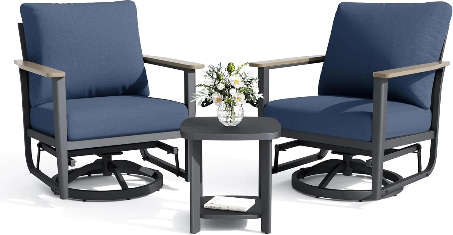 

3pc Aluminum Swivel Rocker Patio Set w/ Table Rustproof Metal Wood-Look Armrest 5in Cushion Backyard Navy Customized