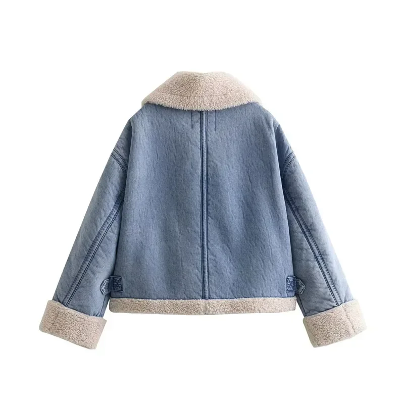 

Cropped Denim Plush Jacket Women Blue Fleece Jacket Woman Fashion Autumn Winter Biker Jacket Zipper Warm Short Coats