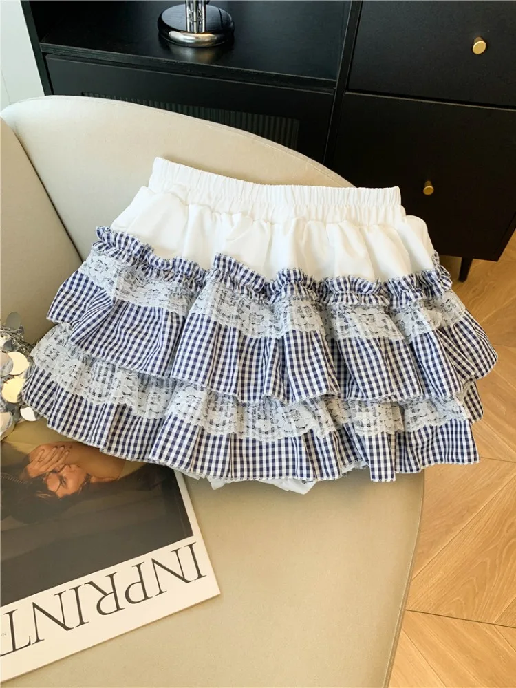Princess Style Cake Skirt with Lace Splicing Plaid Puffy Design Spring Sweet Elastic Waist Anti-Light A-Line Skirt for Girls