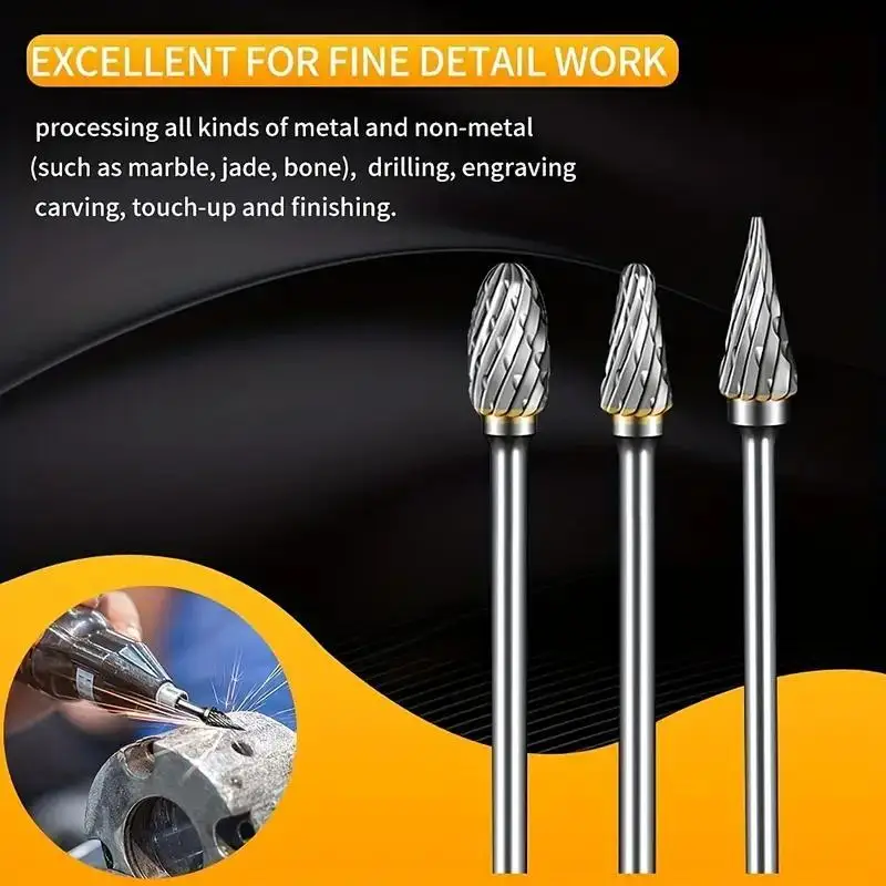 10Pcs Carbide Burr Set Double Cut Slot 3mm Shank Die Grinder For Dremel Rotary Tool Rasp Bits Metal Carving Electric Grinding