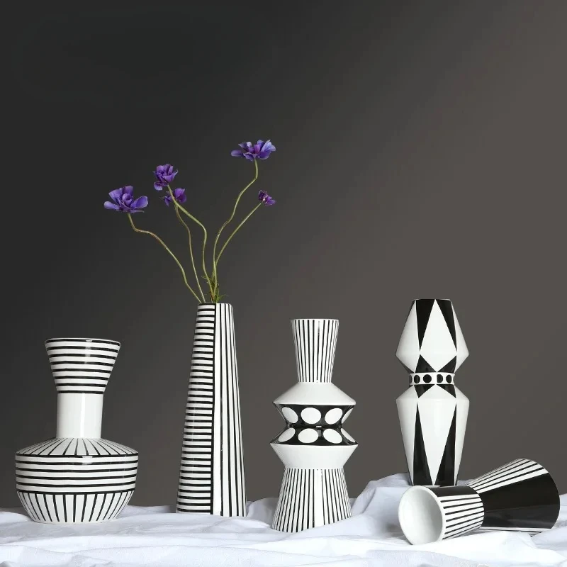 Modern Geometric Ceramic Vase, Black and White Design, High-Fired Handmade Floral Holder, Smooth Display, Chic Room Sculpture