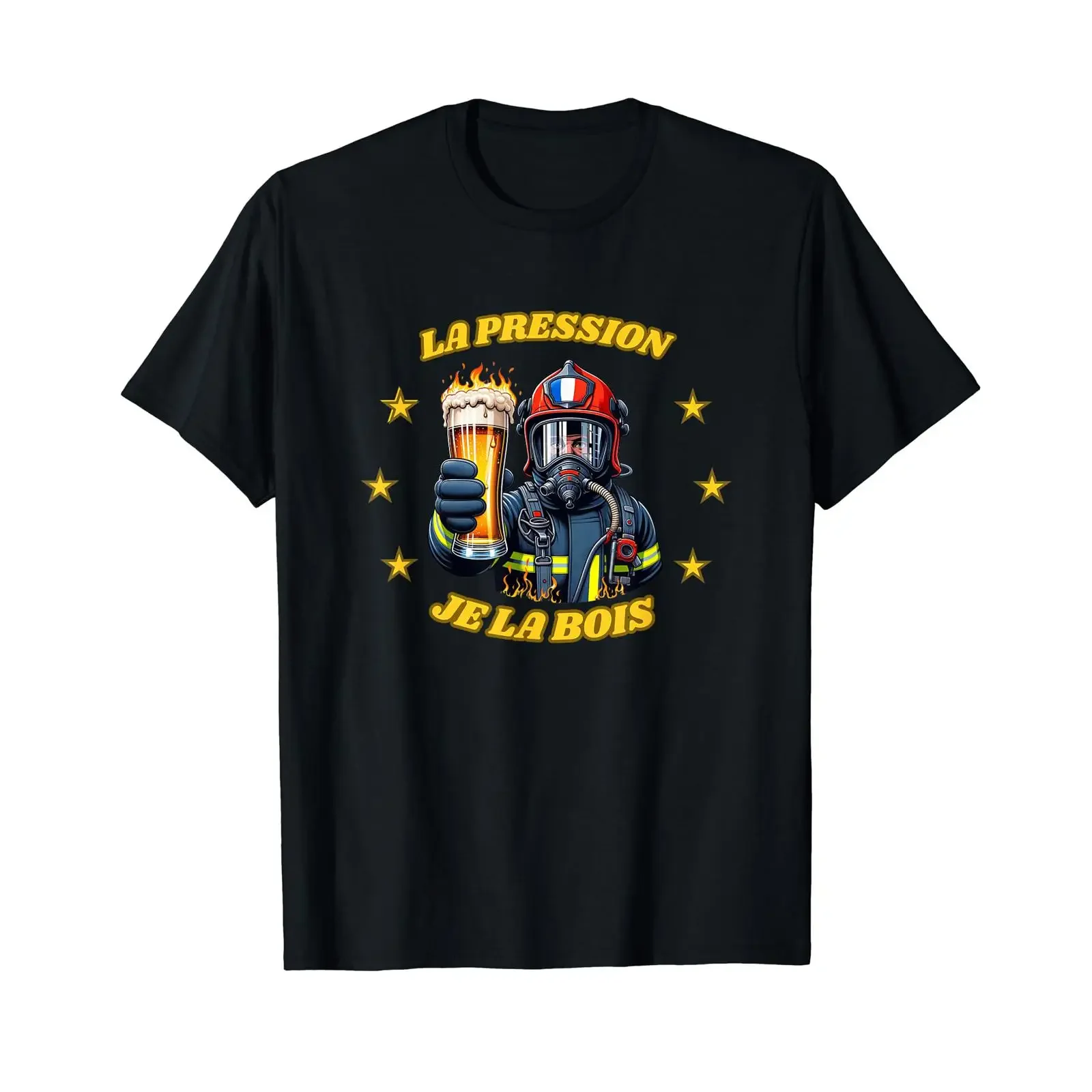 Humour firefighter aperitif beer pressure je la bois T Shirt Black S vintage Washed Unisex graphic Slightly Stretched Versatile