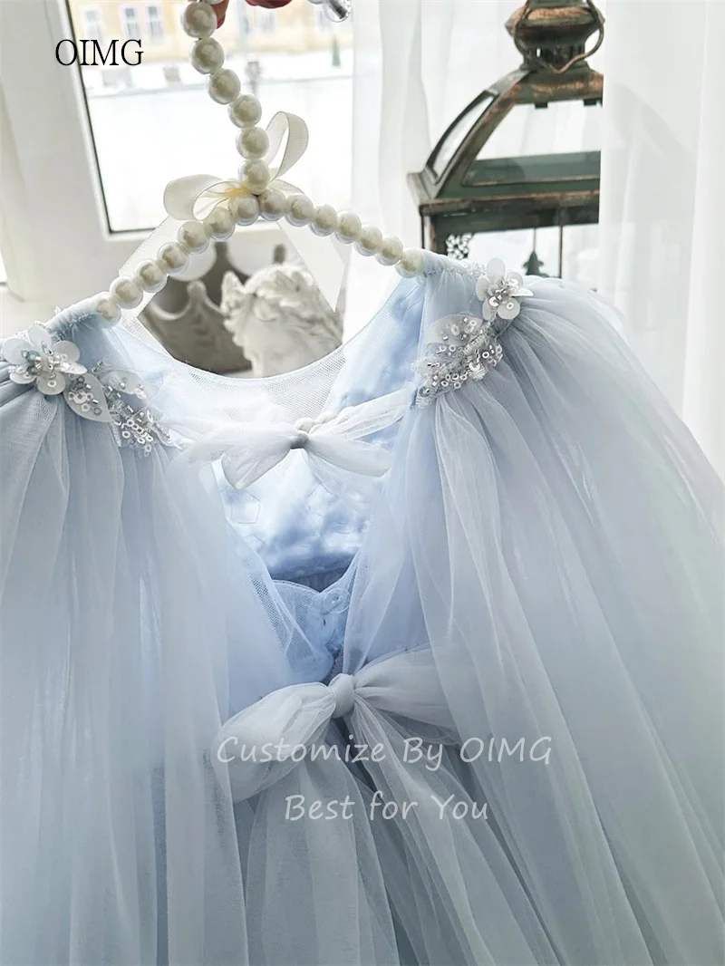 OIMG Sky Blue A-line Flower Girl Dresses 3D Flowers-detailed Mesh Wedding Party Gown Knee Length Birthday Dress niñas Customized