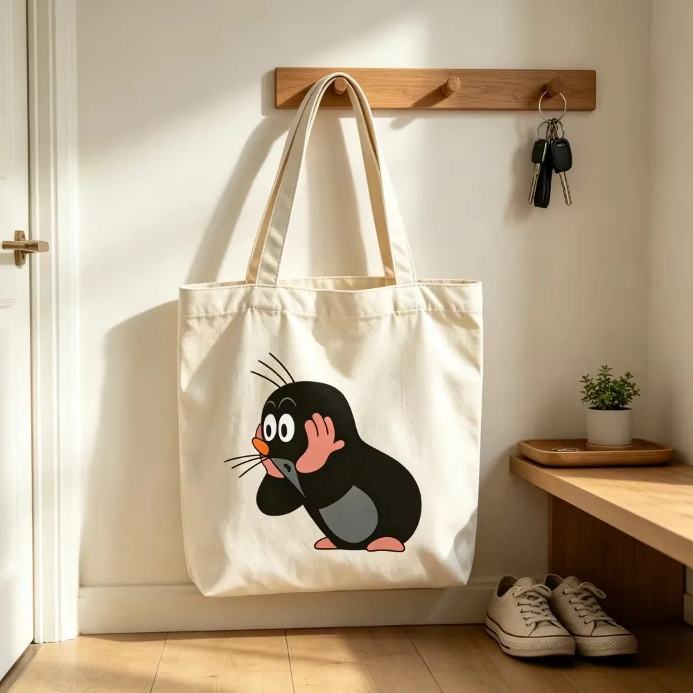 Personalized Cute Moles Canvas Tote Bags Custom Names Little Cartoon Animal Grocery Shopping Bags Reusable for Women Girls Gifts