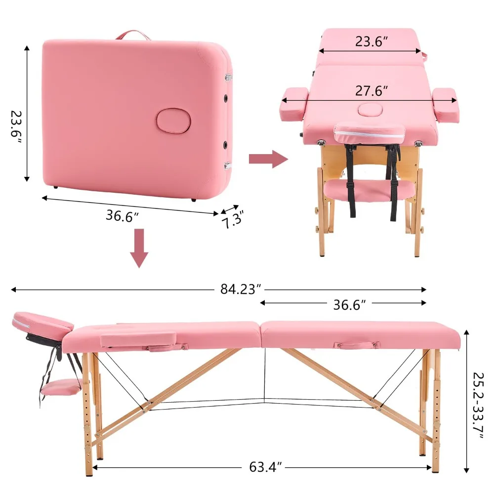 YOUNIKE Massage Table Spa Bed Lash Portable 2 Fold Adjustable Foldable Tattoo Salon Bed Face Cradle Wooden Frame