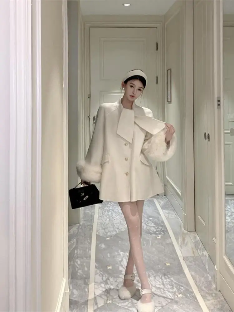 

Корейское модное белое шарф с вырезом, элегантное шерстяное пальто, женское черное однобортное праздничное пальто с длинными рукавами, женское 2024, простое